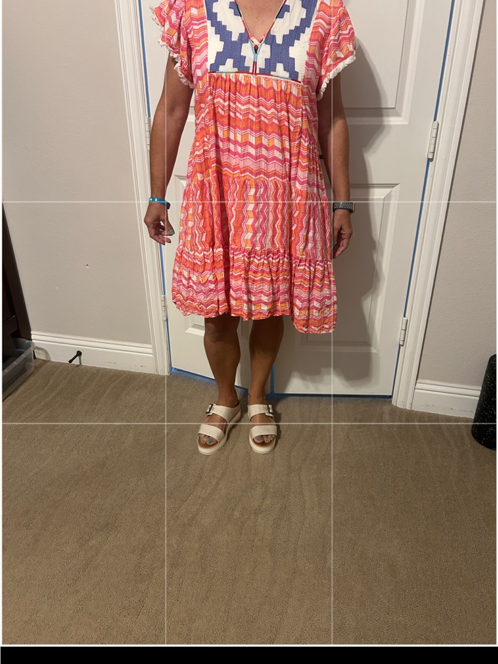 THML Pink Orange Chevron Dress with Blue Embroidered Yoke